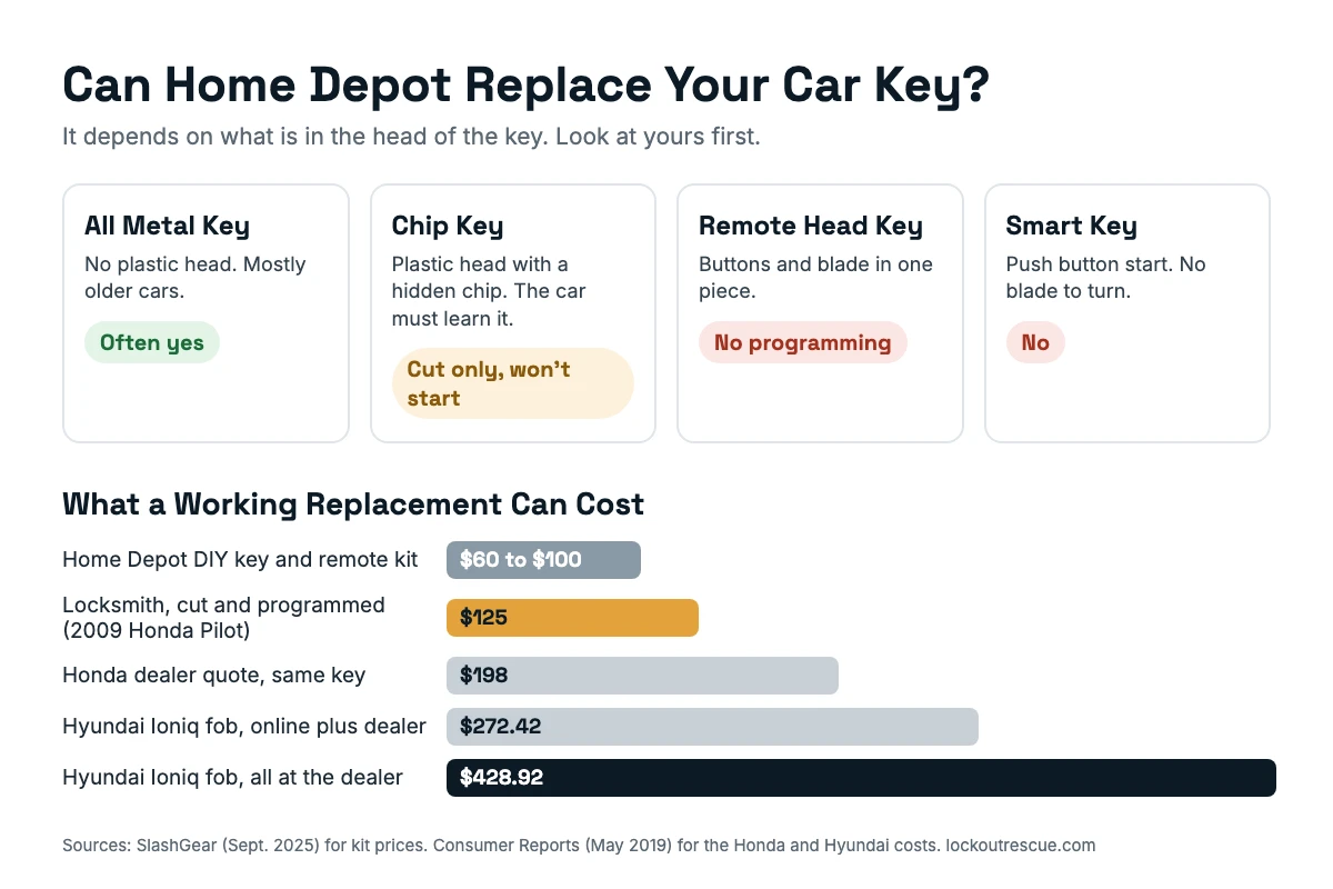 Chart of four car key types and whether Home Depot can replace each one, with replacement costs from a Home Depot kit to a dealer fob